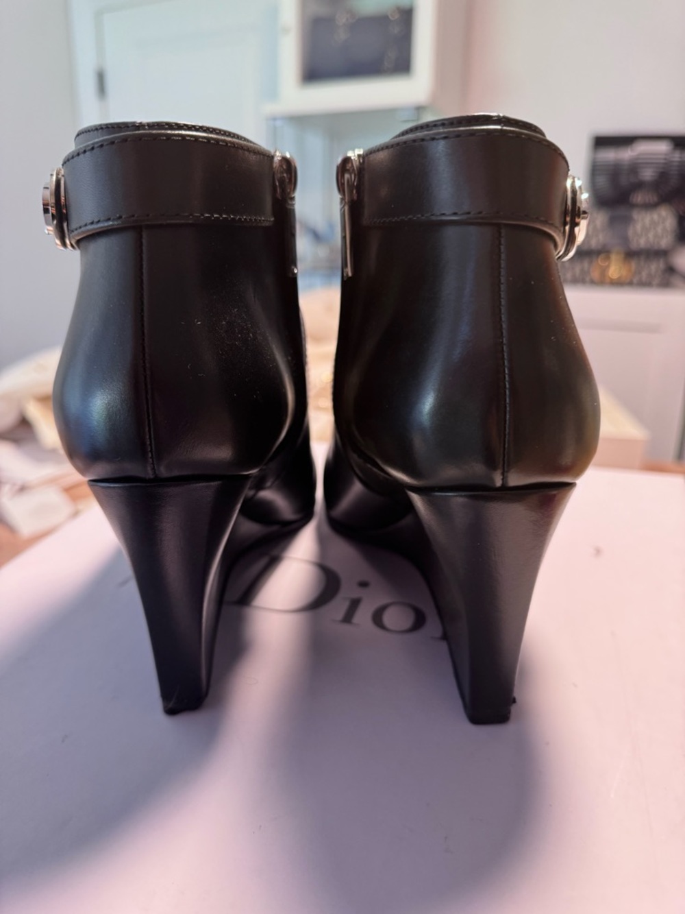 Dior Black Leather Wedge Ankle Boots with Silver Buckle - Picture 5 of 12
